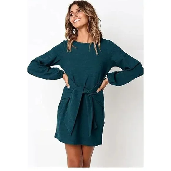 PRETTYGARDEN Womens L Elegant Long Lantern Sleeve Short Dress Crewneck Tie Waist - Picture 2 of 6